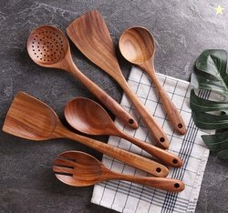 ACE WOOD CRAFTS Wooden Kitchen Utensil Set 6 Cooking Utensils Spa...mo