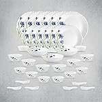 La Opala Opal Glass Crockery | for Family of 6 | Dinner Set 35 pcs Floral Fountain | Plates & Bowls for Dining | Microwave Safe | 100% Vegetarian | Extra Strong | Extra Light & White