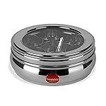 Sumeet Stainless Steel Belly Shape Masala (Spice) Box/Dabba/Organiser With See Through Lid With 7 Containers And Small Spoon (Small), Beige