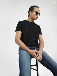 JACK & JONES Men Solid Round Neck Cotton Blend Black T-Shirt