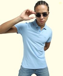JACK & JONES Men Solid Polo Neck Cotton Blend Blue T-Shirt