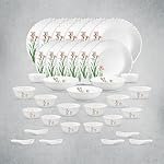 La Opala Opal Glass Crockery | for Family of 6 | Dinner Set 35 pcs Pink Florets | Plates & Bowls for Dining | Microwave Safe | 100% Vegetarian | Extra Strong | Extra Light & White