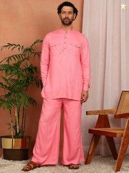 See Designs Men Pink Viscose Rayon Pathani Kurta With Pyjama