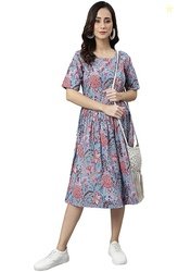 Janasya Women's Cotton Floral Print Flared Dress