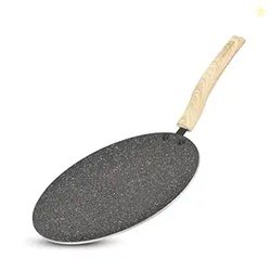 BERGNER Earth Black Non-Stick 26 cm Concave Roti Tawa, Wooden Finish S