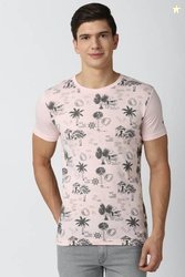 PETER ENGLAND Men Printed Round Neck Polycotton Pink T-Shirt