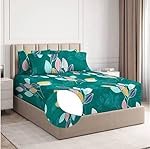 BSB HOME Premium Cotton Elastic Fitted Bedsheets with 2 King Size Pillow Covers | Double Bed with All Around Elastic 180 TC Supersoft | Size – 72 King Sizex78+10 in | Dark Green & White