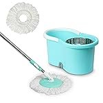 BonKaso Plastic Spin Mop Bucket, Moppers for Cleaning Floor, Mop Set Extendable Handle, Removable Wringer 360Â° with Floor Cleaner Mopping Stick (Round Mop with Steel Wrangler)