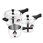 Bergner Sorrento Stainless Steel Outer Lid Pressure Cooker Combo – 5 Liters Cooker, 2 Litres and 3 Litres Cooker with a Common Lid, Heavy Bottom, Healthy Cooking – Induction and Gas Stove Ready