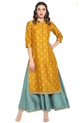 Janasya Womens Midi Silk Blend Print Anarkali Ethnic Dress