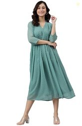 Janasya Women'S Dobby Chiffon Woven Design Flared Dress