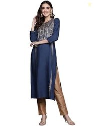 Varanga Women's Rayon Regular Kurta Set (VKUR309_Navy
