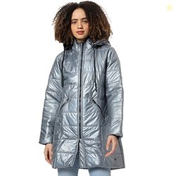 Campus Sutra Women's Grey Vinyl Puffer Regular Fit Bomber Jacket For W