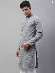 Jompers Men Chikan Embroidery Pure Cotton Straight Kurta (Grey, W...mo