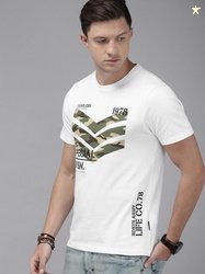Roadster Men Printed Round Neck Pure Cotton White T-Shirt