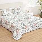 Story@Home Bedsheet for Double Bed King Size Microfiber 210 TC with 2 Pillow Covers, 270 cm X 270 cm, White & Peach, Motif