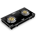 Crompton FlameStar 2 Burner Glass Top LPG Gas Stove | 1 Jumbo & 1 Medium Brass Burner | Max Space | Easy Cleaning | Toughened Glass | Tri Pin Burners | 2 Year Manufacturer’s Warranty
