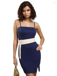 Tokyo Talkies Navy Blue Belt Detailed Shoulder Straps Bodycon Dress