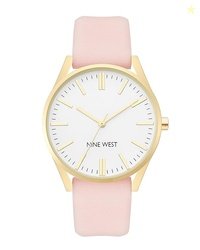 Nine West Women's Analog Watch, Gold-Tone and Pink Strap, Vegan Leathe