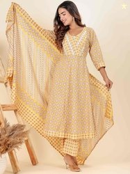 LALI JAIPUR Floral Printed Pure Cotton Beads and Stones Kurta with Tro