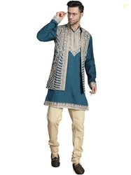 Jompers Men's Peacock Embroidered Waistcoat and Kurta Pyjama. (Peacock