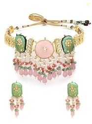 Karatcart Gold Plated Pink Carved Stone Polki Kundan Choker Necklace f