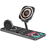 Promate Transparent Docking Station, MagSafe Desk Charger with 15W Qi Foldable Charging Stand, Apple Watch Charger, Charge Protection, RGB Lights, and Durably Made, AuraSlate-Trio,2 Years Warranty
