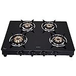 Elica 4 Burner Auto Ignition Gas Stove | 694 CT VETRO BLK AI | Toughened Glass Top | Brass Burners | Euro-Coated Pan Support | 7-Year Glass Warranty | Black