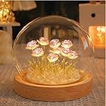 One94Store Rose LED Night Lamp | Wooden Base Circle Shape with 9 Artificial Dual Shade Rose Flowers (Purple & White) | Table Decoration Light for Bedroom, Party, Birthday
