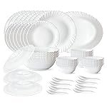 Larah by Borosil Plain White Silk Series Opalware Dinner Set | 47 Pieces for Family of 8 | Microwave & Dishwasher Safe | Bone-Ash Free | Crockery Set for Dining & Gifting | Plates & Bowls | Snow