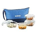 Borosil Daisy Lunchbox | 4pc (320ml x 2 Square + 240ml x 2 Round) Container Set | Made in India Borosilicate Glass | Microwave & Dishwasher Safe Tiffin for Office, College & School (Prime)