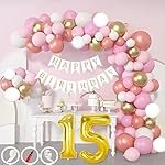 15th Birthday Decoration Items for Pink and White Theme Combination for Girls| 50 Pcs Pink White Gold Rose Gold Balloon| White Birthday Banner| Balloon Pump| Arch Tape| Glue Dots
