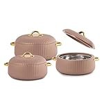CELLO Aurum Insulated Casserole Hot Pot Box Set of 3 Pcs (1000ml, 1000ml, 1500ml) Brown | Airtight Lid Hot Pot Case Keeps Food Hot & Warm For Long Hours, Casserole Set For Roti Chapati Rice Biryani