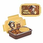 ATTRO Treat Time Stainless Steel Insulated Lunch Box with Inner Steel Body, Airtight 4-Side Lock Lid, Leakproof Silicone Seal, Small Container-560ml+150ml-Pirate Quest Yellow