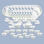 La Opala Diva Classique Collection Opal Glass Crockery | for Family of 8 | Dinner Set 53 pcs Blue Daisy | Plates, Bowls & Cups for Dining | Microwave Safe | 100% Vegetarian | Extra Strong | White