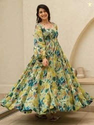 Wedani Floral Print Puff Sleeve Linen Fit & Flare Maxi Dress