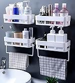 wolpin Plastic Rectangular Wall Shelves with Towel Hanger Shelf Multipurpose Self-Adhesive Sticker Hooks Wall Holder Bathroom Storage Rack Box Strong Shower Rack Shelf – White (4 Pieces)