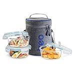 Treo by Milton All Fresh Borosilicate Glass Lunch Box Set of 3, Clear, 400 ml Each with Durable Lunch Bag, Microwave & Dishwasher Safe, Leakproof Containers, Office Tiffin