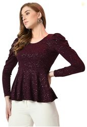 IUGA Women Embellished Round Neck Puff Sleeve Top Purple