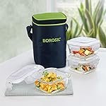 Borosil Lunchbox with Bag | 3pc Borosilicate Glass Square Container Set (320 ml Each) | Microwave & Dishwasher Safe, Leak Proof | Tiffin for Office, School, College (Alfa Green)