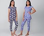 TotzTouch Girls Night Dress | Pajama Set | T-Shirt and Capris 3/4th Pant Pink,Purple, White, Violet, Blue Printed (Age 3 to 15 Years)