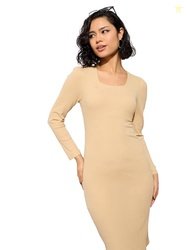barcino Beige Rib Square Neck FS Midi Dress