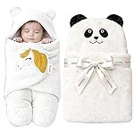 OYO BABY Newborn Baby Combo Pack | Hooded Sleeping Bag Wrapper & Baby Bath Towel | Premium Soft Flannel | Gentle on Baby Skin | Quick Dry & Absorbent | 0â12 Months | Panda & Unicorn White