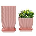 ELUVIA 7-inch Square Planters with Saucers (Set of 5) â Modern Fluted Flower Pots with Drainage Holes and Trays â Premium Plastic Indoor Outdoor Plant Pots for Succulents, Flowers (Pink)