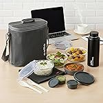 CELLO MF Glassy Pro Max Lunch Box with Bag for Office Grey | 3x400ml Glass Container, 1x225ml, 2x50ml Mini Container, Bottle 700ml with Cutlery & Napkin, Microwave Safe Airtight Spillproof Tiffin Box