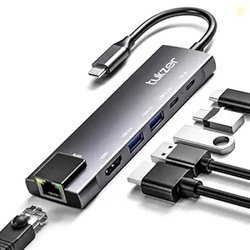 Tukzer 6-in-1 Type-C Hub to HDMI 4K@30Hz, 2 USB 3.0 Data, USB-C 3.0 Da