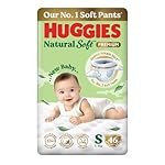 Huggies Natural Soft Premium Baby Diaper Pants, Our No.1 Soft Pants, Small (S) Size (4-8 Kgs), Pack of 46 diapers | Cloud Softness All over with India’s 1st Cloud Touch BeltTM