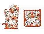 Airwill Â© Cotton Designer Pattern Heat Resistant Kitchen Linens (1 Oven Mitt & 1 Pot Holder) (Orange,White)