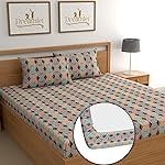 Premium Glace Cotton Elastic Fitted Bedsheets with 2 Full Size Pillow Covers Double Bedsheet with All Elastic Supersoft 160TC Size 90Ã100 inches (Orange Multi, Fitted)