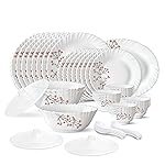 Larah by Borosil Red Bud Silk Series Opalware Dinner Set | 47 Pieces for Family of 8 | Microwave & Dishwasher Safe | Bone-Ash Free | Crockery Set for Dining & Gifting | Plates & Bowls | White